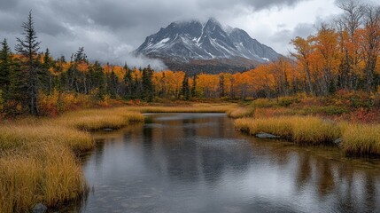 Autumnal mountain lake reflected in calm water under a dramatic sky