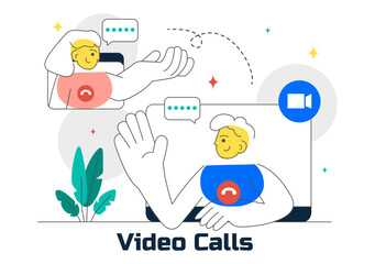 Conference Video Call via Remote Communication Vector Illustration Featuring Online Friends Using a Webcam While Working from Home in a Background