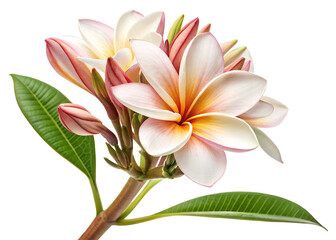 Fototapeta premium Frangipani Bloom: A stunning frangipani bloom, its delicate petals a gradient of soft pastels, bursts forth with elegance, with leaves, highlighting its fresh, natural beauty.