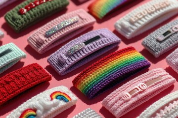 A set of handmade crocheted hair clips featuring vibrant colors and patterns laid out on a pink background.