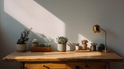 Sunlit Minimalist Workspace with Succulents on Wooden Desk