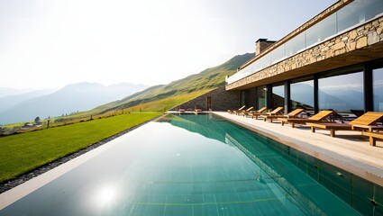 Modern luxury villa with infinity pool overlooking a lush green mountain landscape