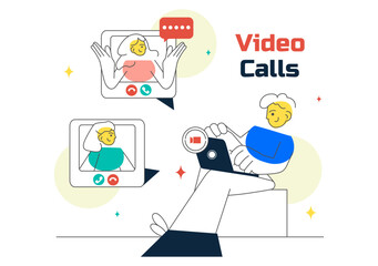 Conference Video Call via Remote Communication Vector Illustration Featuring Online Friends Using a Webcam While Working from Home in a Background