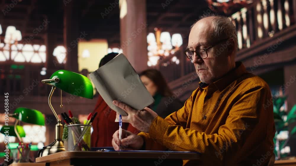 Poster elderly man immersed in reading and writing at a university campus library, working on his thesis wi