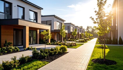 Fototapeta premium Modern townhouses lined with a paved walkway