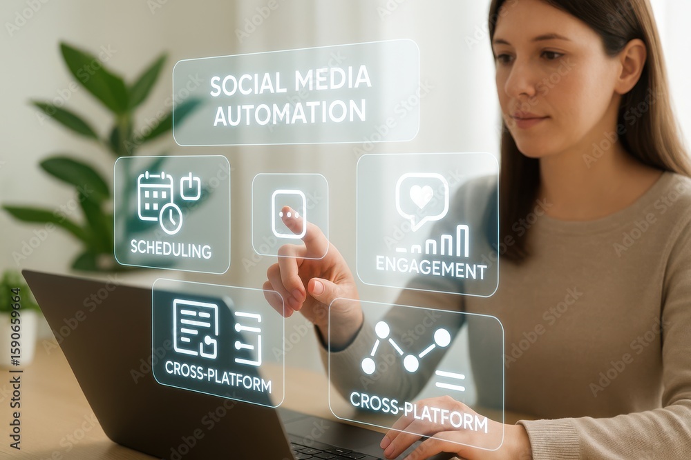 Aufkleber woman using social media automation interface with scheduling, engagement and cross-platform control