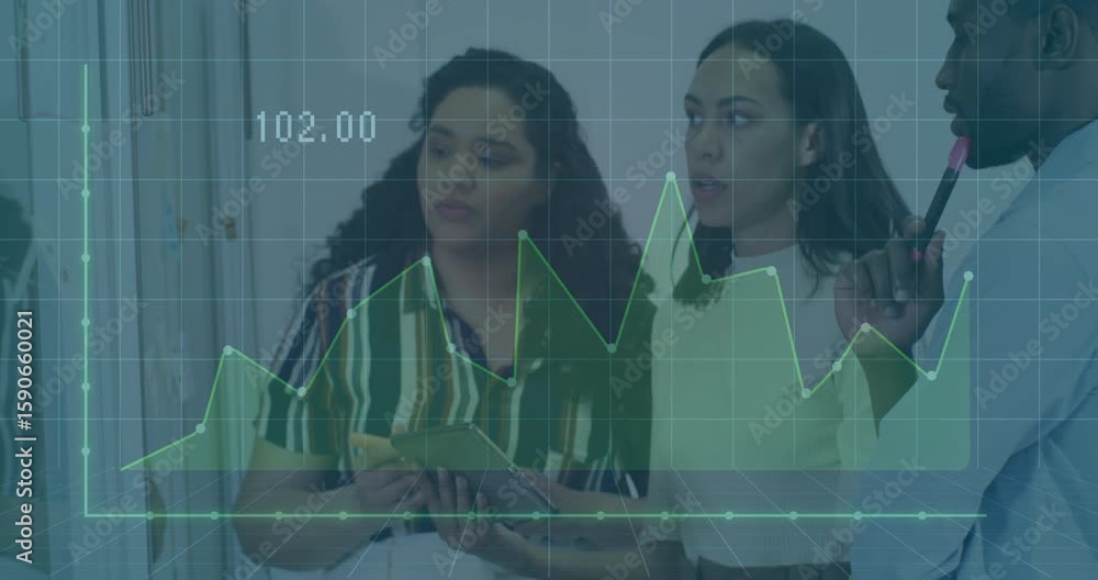 Poster team referencing tablet and marking data trends on grid overlay while man nodding in business