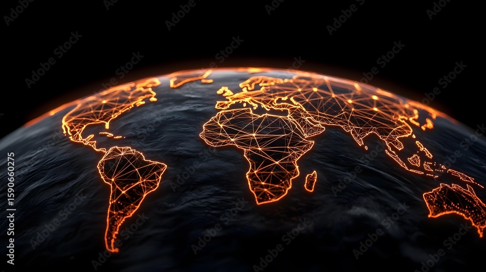 Poster the image shows a dark, stylized representation of the earth. continents are outlined in glowing ora