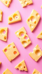 Fototapeta premium Yellow cheese slices pattern repeat with hole on pink solid background