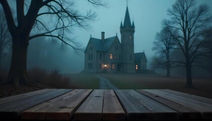 A full moon casts eerie light on a dark castle in a foggy forest, creating a spooky Halloween vibe with ghostly elements