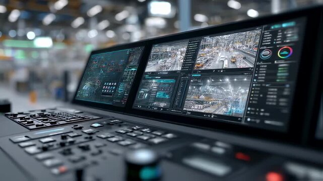 Multiple screens displaying real time data and camera feeds provide comprehensive monitoring of a production line, showcasing advanced technology and innovation in a modern factory setting