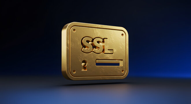 Golden SSL Certificate Icon on Blue Background