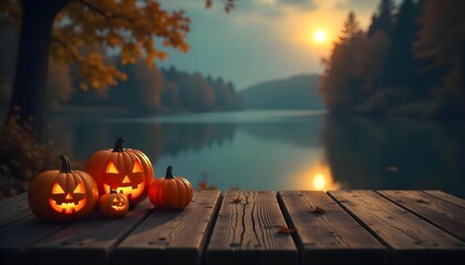 A carved Halloween pumpkin on a wooden table, illuminated by a full moon in a foggy, mystical forest backdrop