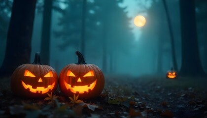 Obraz premium Jack-o'-lanterns illuminate a misty forest at night, creating a haunting Halloween scene with moonlight filtering through trees