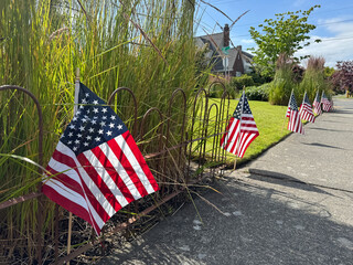 Small American flags along the road on the street,  flutter in the wind. IIndependence Day....