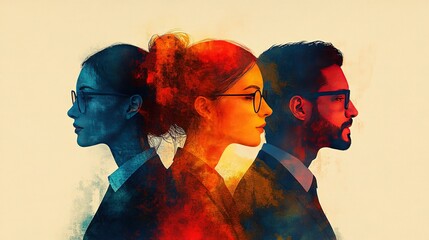Obraz premium This abstract corporate teamwork illustration uses warm-toned geometric silhouettes to showcase diversity and collaboration in a modern business environment.