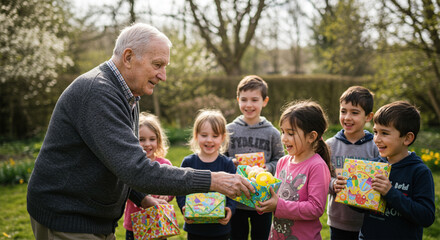 Elderly man happily giving wrapped gifts to a group of smiling children outdoors.