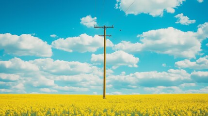 Single Yellow Utility Pole in a Field of Yellow Canola Flowers Under a Blue Sky
