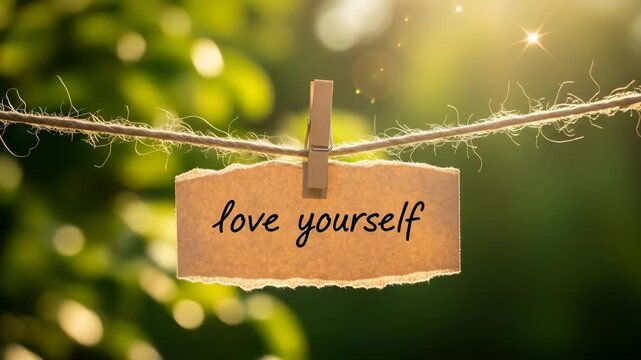 Motivational message love yourself hanging on clothesline outdoor soft focus inspirational note