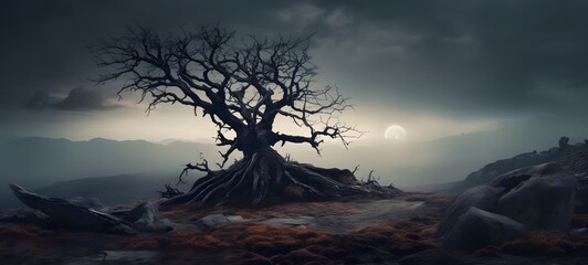 A haunted gothic treants perched on a wind-swept hill, highly detailed ,ai generative
