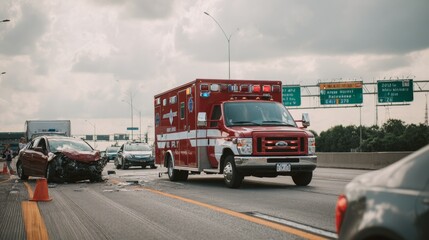 Ambulance parked near two damaged cars at highway accident scene during cloudy daytime, highlighting emergency response, urban traffic risks, and suburban healthcare integration