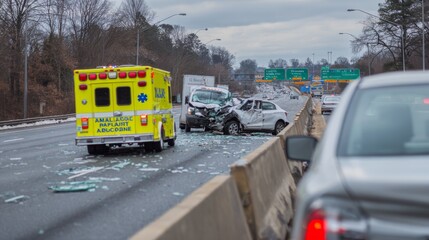 Ambulance parked near two damaged cars at highway accident scene during cloudy daytime, highlighting emergency response, urban traffic risks, and suburban healthcare integration
