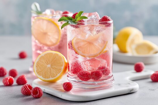 Two glasses of refreshing pink lemonade with raspberries, lemon, and ice on a white marble table, perfect for a hot summer day