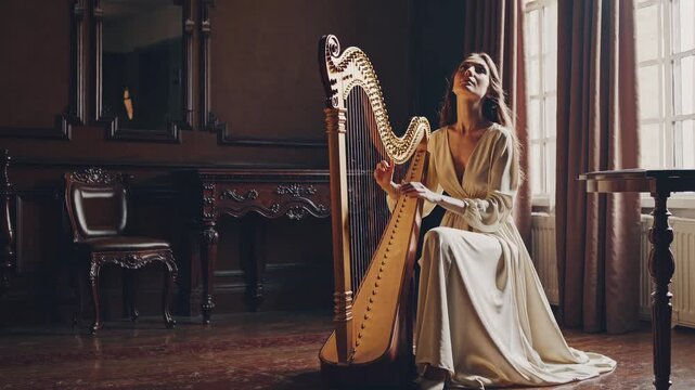 A serene video of a woman playing a harp in a vintage room. Side angle captures the elegance and classical style of the setting and musician.