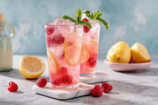 Two glasses of refreshing pink lemonade with raspberries, lemon slices, mint and ice, served on white marble coasters on a gray table