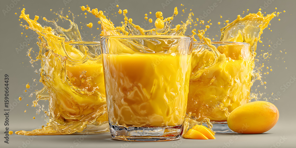 Poster mango juice splash collection featuring various glasses with vibrant yellow juice and dynamic splash