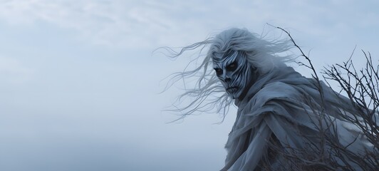 A haunted gothic white walker perched on a wind-swept hill,ai generative