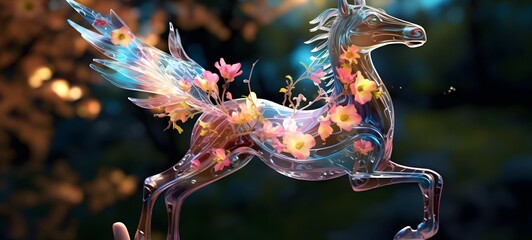 A Pegasus dryad , a small creature made of glass that is sitting in the palm of your hand,ai generative