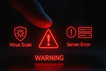 Cybersecurity Alert Displaying Virus Scan, Server Error and Critical System Warning Icons in Red

