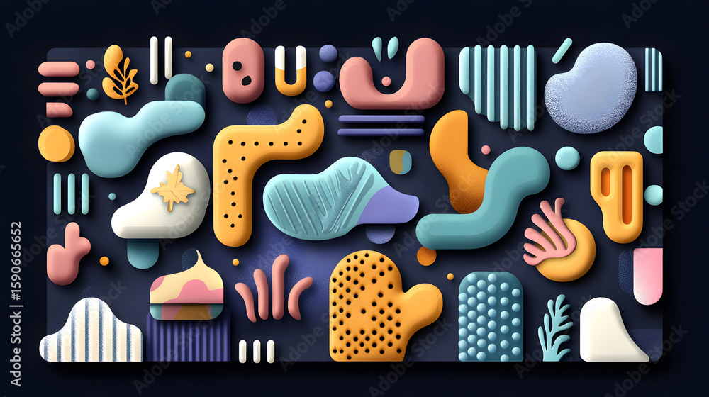 Poster abstract illustration of various shapes and patterns on a dark background.