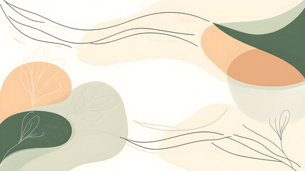 Abstract illustration with organic shapes and lines in muted green, peach, and beige tones on a white background.