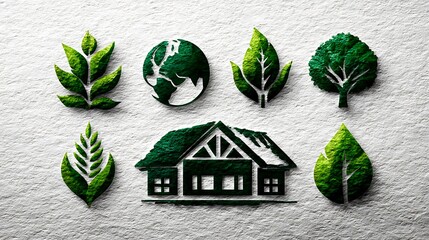 Mock label collection of natural product certifications with illustrated earth symbols, farmhouses, and renewable leaves.