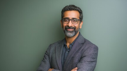 Smiling middle-aged South Asian man with crossed arms on plain green backdrop approachable professional