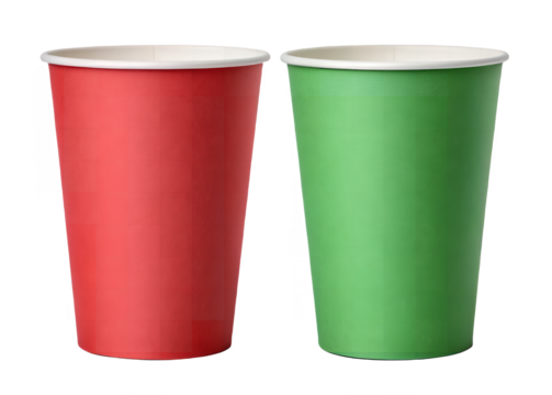 Vibrant cup duo: Two colorful paper cups, a bold red and a refreshing green, stand side by side, evoking a sense of freshness, warmth, and eco-friendly choices. 