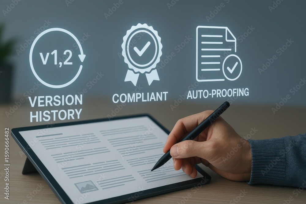 Poster person using stylus on digital document with version history, compliance badge and auto-proofing fea