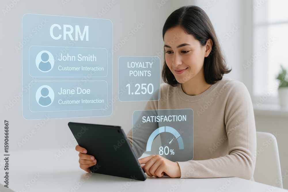 Aufkleber woman using tablet with crm dashboard showing loyalty points, satisfaction metrics and customer inte