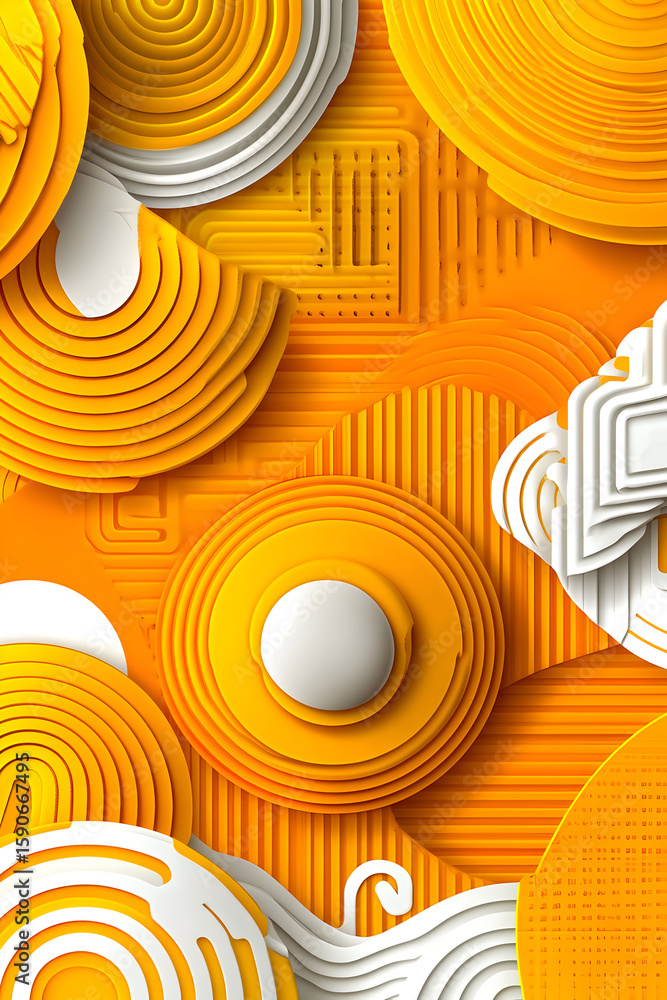 Poster abstract image of overlapping orange and white circles and lines.