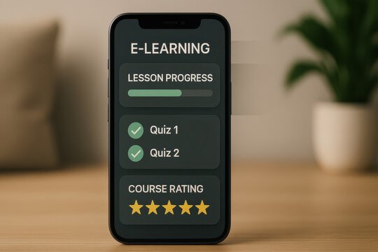 E-Learning App Interface on Smartphone Showing Lesson Progress, Completed Quizzes and 5-Star Course Rating
 - Powered by Adobe