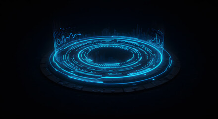 Glowing Blue Holographic Platform in Dark Space