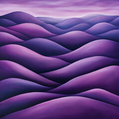 Fototapeta premium Abstract painting of purple and blue rolling hills under a purple sky.