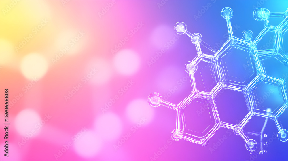 Poster abstract representation of a molecule on a multicolored background.
