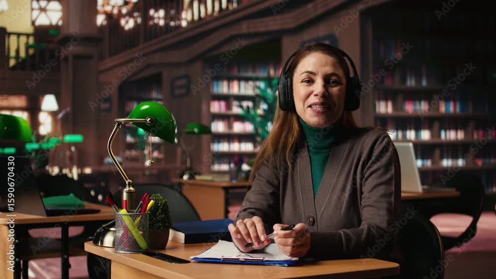 Poster female student joins a remote video call for an online university course, studying materials and pre