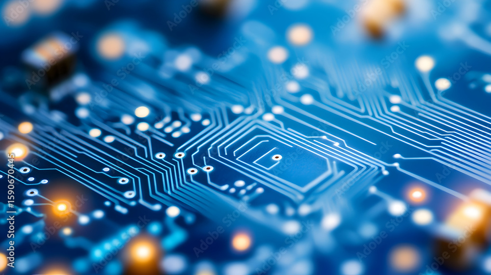 Poster close-up of a circuit board with integrated circuits and pathways.