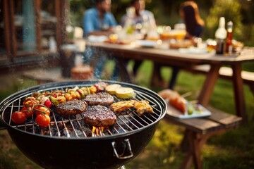 Sizzling hamburgers and fresh vegetables grilling on a barbecue during a joyful family gathering in the garden, celebrating summer together