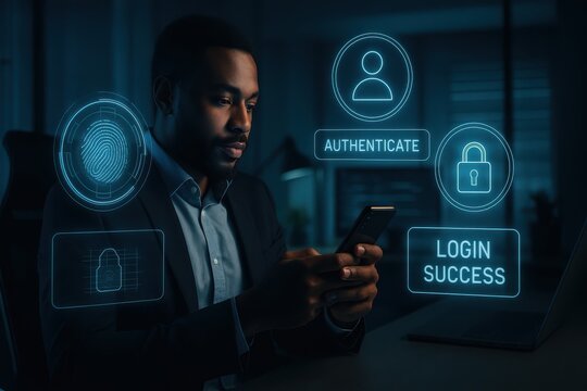 Businessman Using Smartphone with Digital Biometric Authentication, Secure Login and Fingerprint Verification Interface
