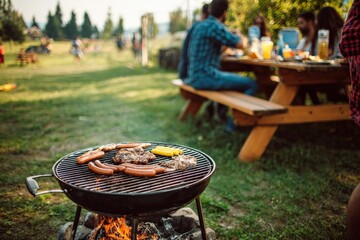 Sausages, steaks, and corn grilling on a barbecue in a park, with friends sitting at a picnic table in the background enjoying their meal